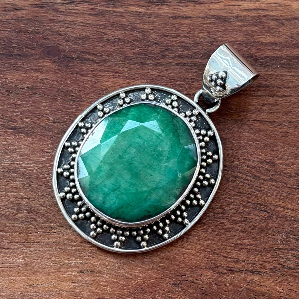 Large Statement Sterling Silver Green Emerald Pendant